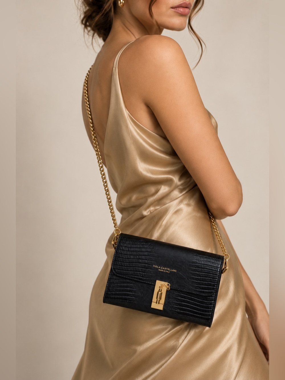 Viola Castellani Black Leather Crossbody Bag Lizard Embossed Gold Chain